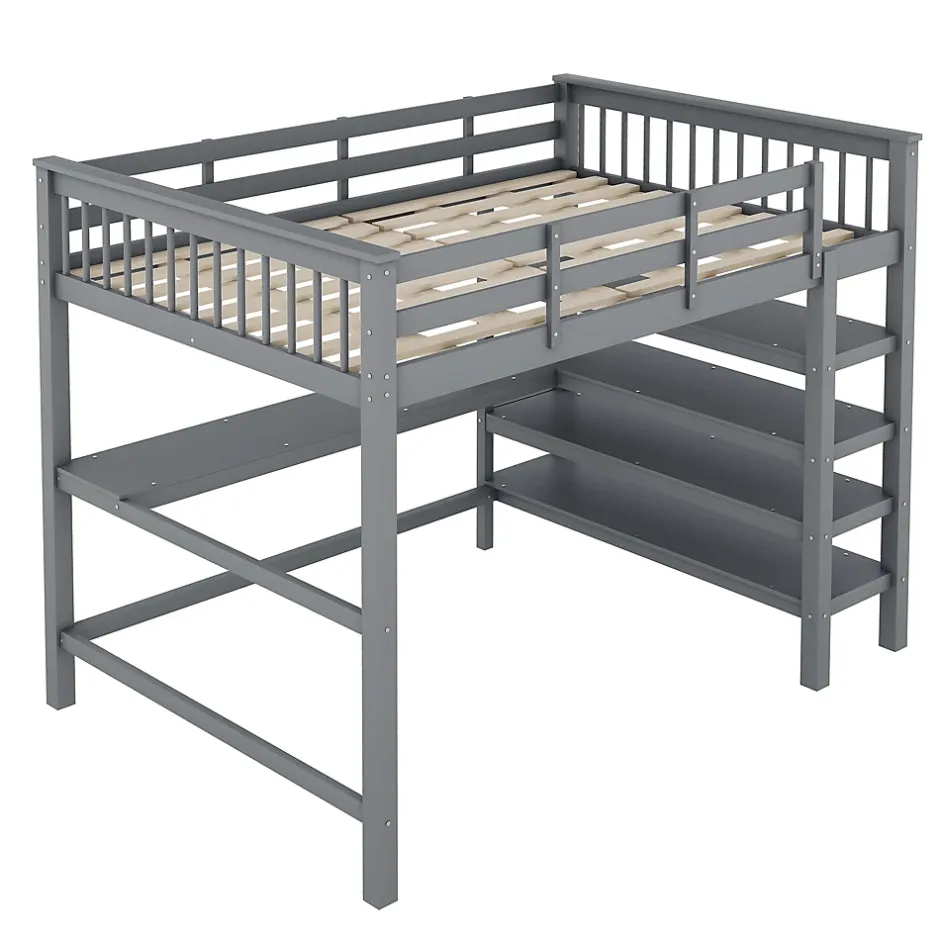 Redom Lit superposé 140x200 cm avec bureau intégré et étagères en pin massif et MDF, finition grise, gain de place Sale