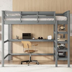 Redom Lit superposé 140x200 cm avec bureau intégré et étagères en pin massif et MDF, finition grise, gain de place Sale