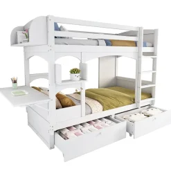 Enfant Redom Lit superposé 90x200 cm avec bureau rabattable, 2 tiroirs et sommier à lattes, structure bois massif