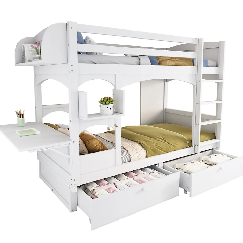 Enfant Redom Lit superposé 90x200 cm avec bureau rabattable, 2 tiroirs et sommier à lattes, structure bois massif