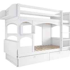 Enfant Redom Lit superposé 90x200 cm avec bureau rabattable, 2 tiroirs et sommier à lattes, structure bois massif