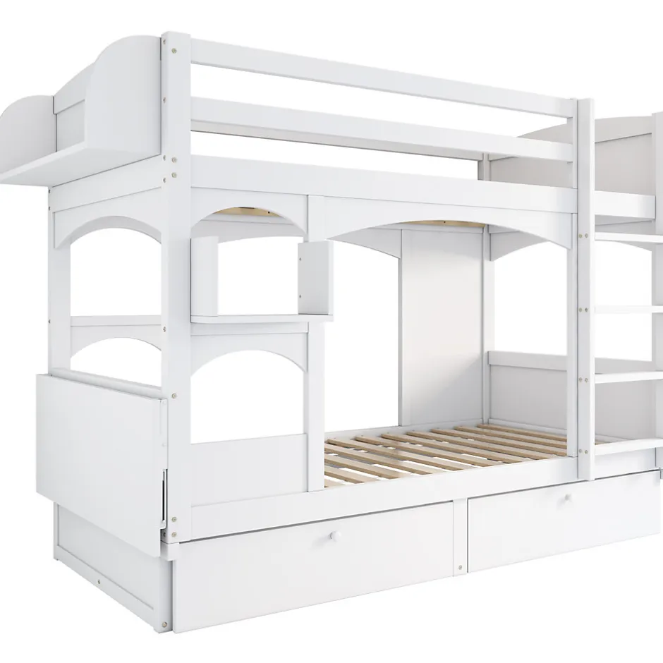 Enfant Redom Lit superposé 90x200 cm avec bureau rabattable, 2 tiroirs et sommier à lattes, structure bois massif