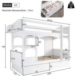 Enfant Redom Lit superposé 90x200 cm avec bureau rabattable, 2 tiroirs et sommier à lattes, structure bois massif