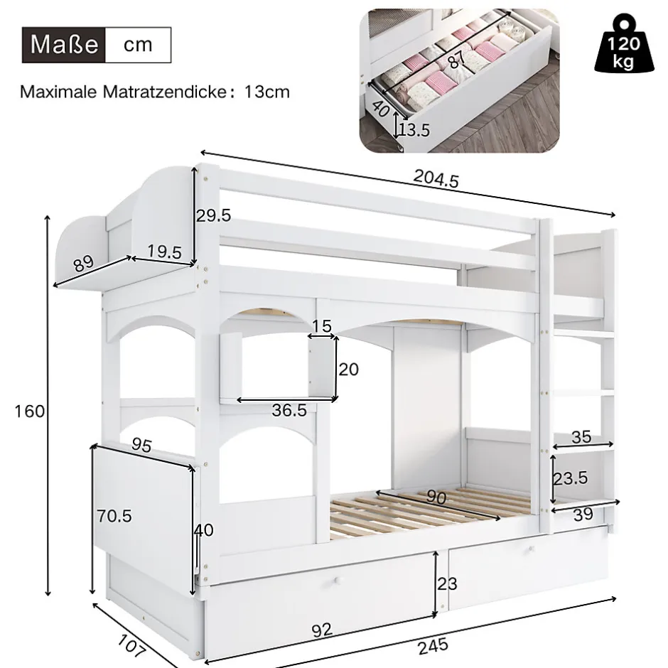 Enfant Redom Lit superposé 90x200 cm avec bureau rabattable, 2 tiroirs et sommier à lattes, structure bois massif