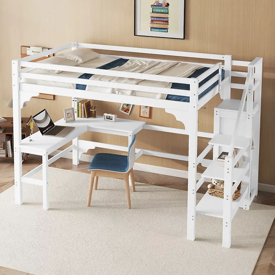 Redom Lit superposé 140x200 cm avec bureau en L et escalier à rangement, structure pin et MDF, minimaliste blanc Best