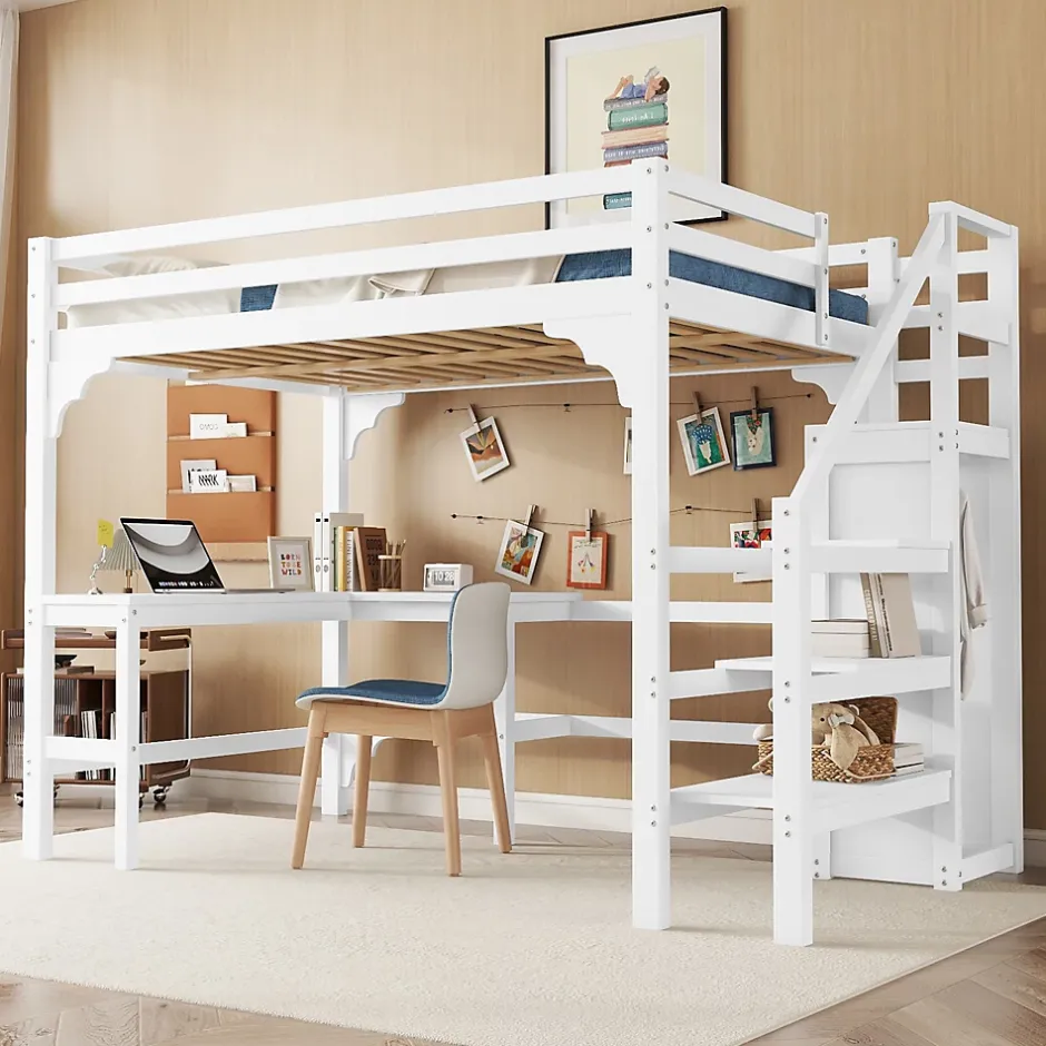 Redom Lit superposé 140x200 cm avec bureau en L et escalier à rangement, structure pin et MDF, minimaliste blanc Best