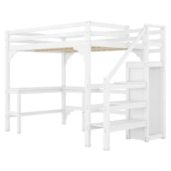Redom Lit superposé 140x200 cm avec bureau en L et escalier à rangement, structure pin et MDF, minimaliste blanc Best