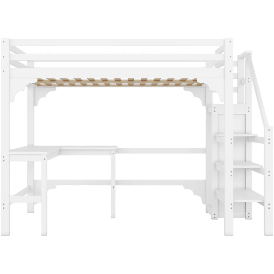 Redom Lit superposé 140x200 cm avec bureau en L et escalier à rangement, structure pin et MDF, minimaliste blanc Best