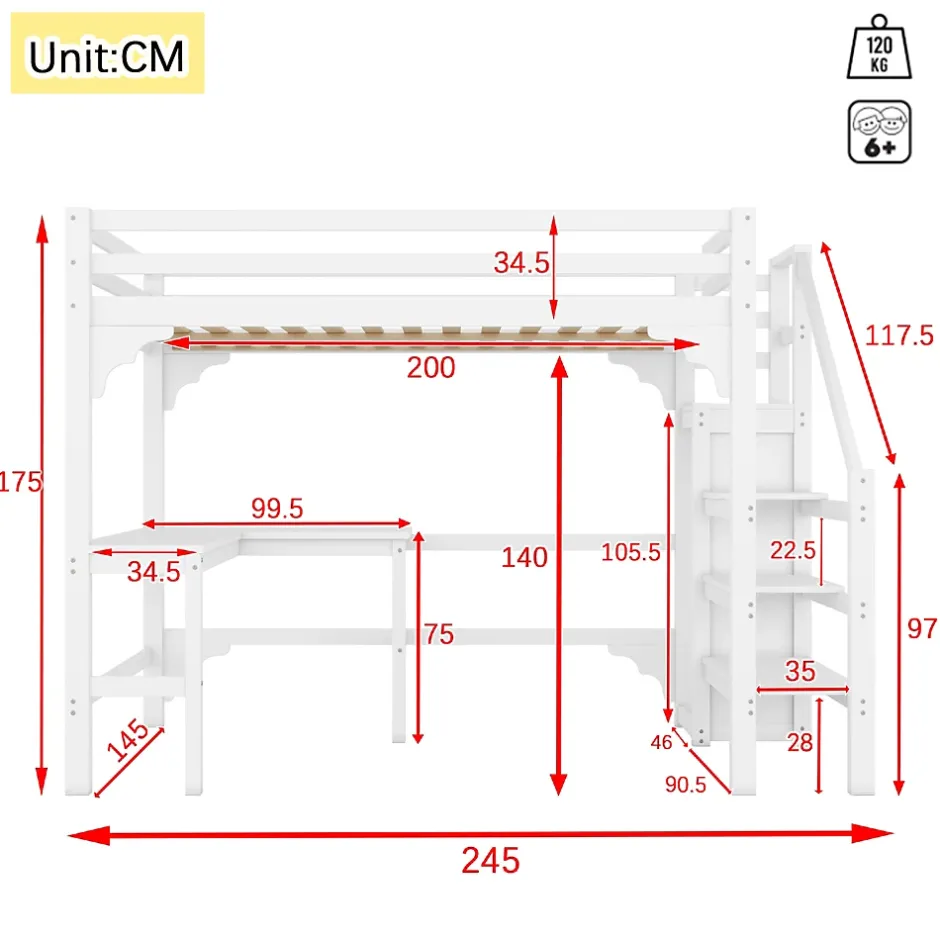 Redom Lit superposé 140x200 cm avec bureau en L et escalier à rangement, structure pin et MDF, minimaliste blanc Best
