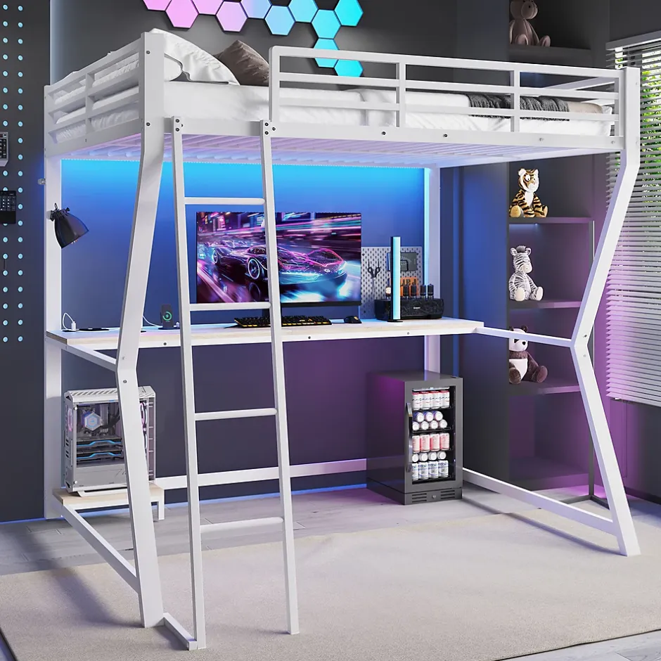 Redom Lit superposé 140x200 cm avec bureau intégré, étagère ordinateur et bande LED, structure métal et MDF, blanc Best