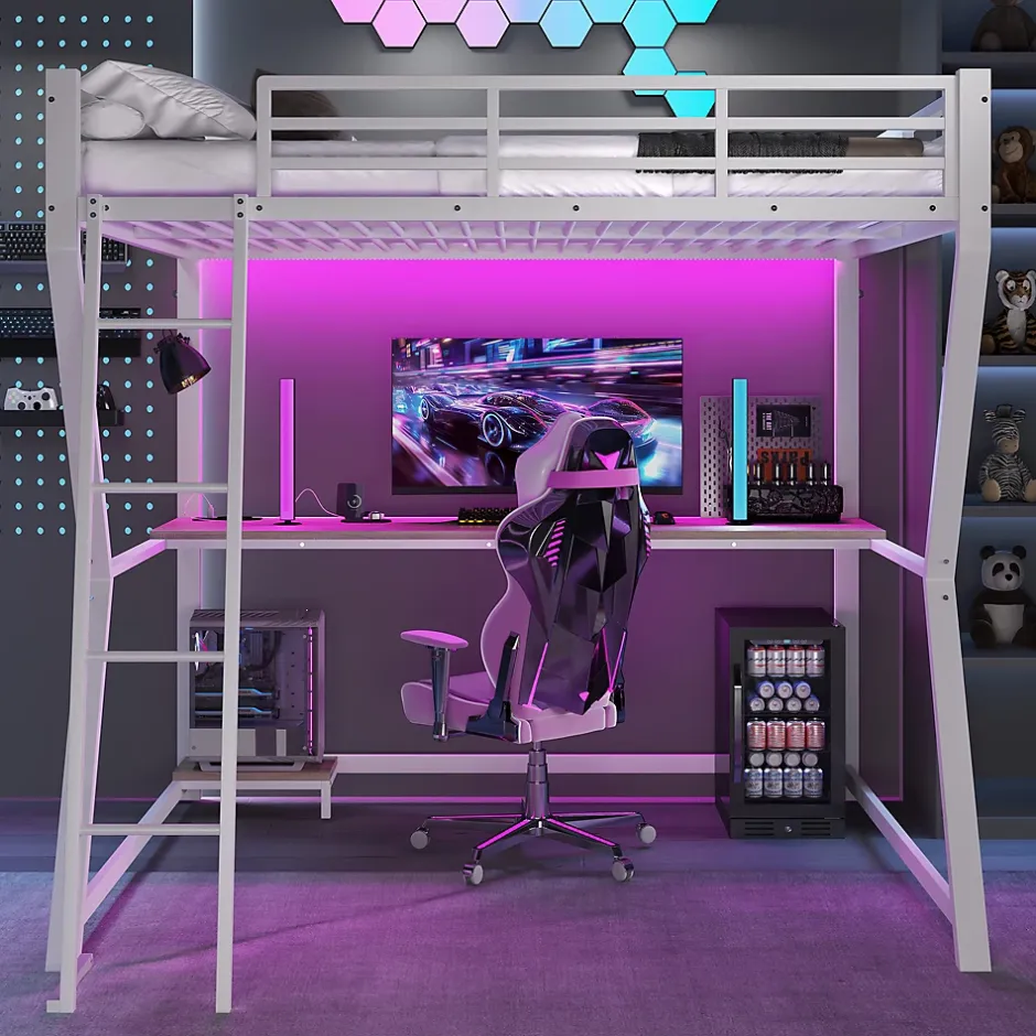 Redom Lit superposé 140x200 cm avec bureau intégré, étagère ordinateur et bande LED, structure métal et MDF, blanc Best