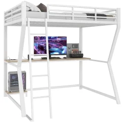 Redom Lit superposé 140x200 cm avec bureau intégré, étagère ordinateur et bande LED, structure métal et MDF, blanc Best