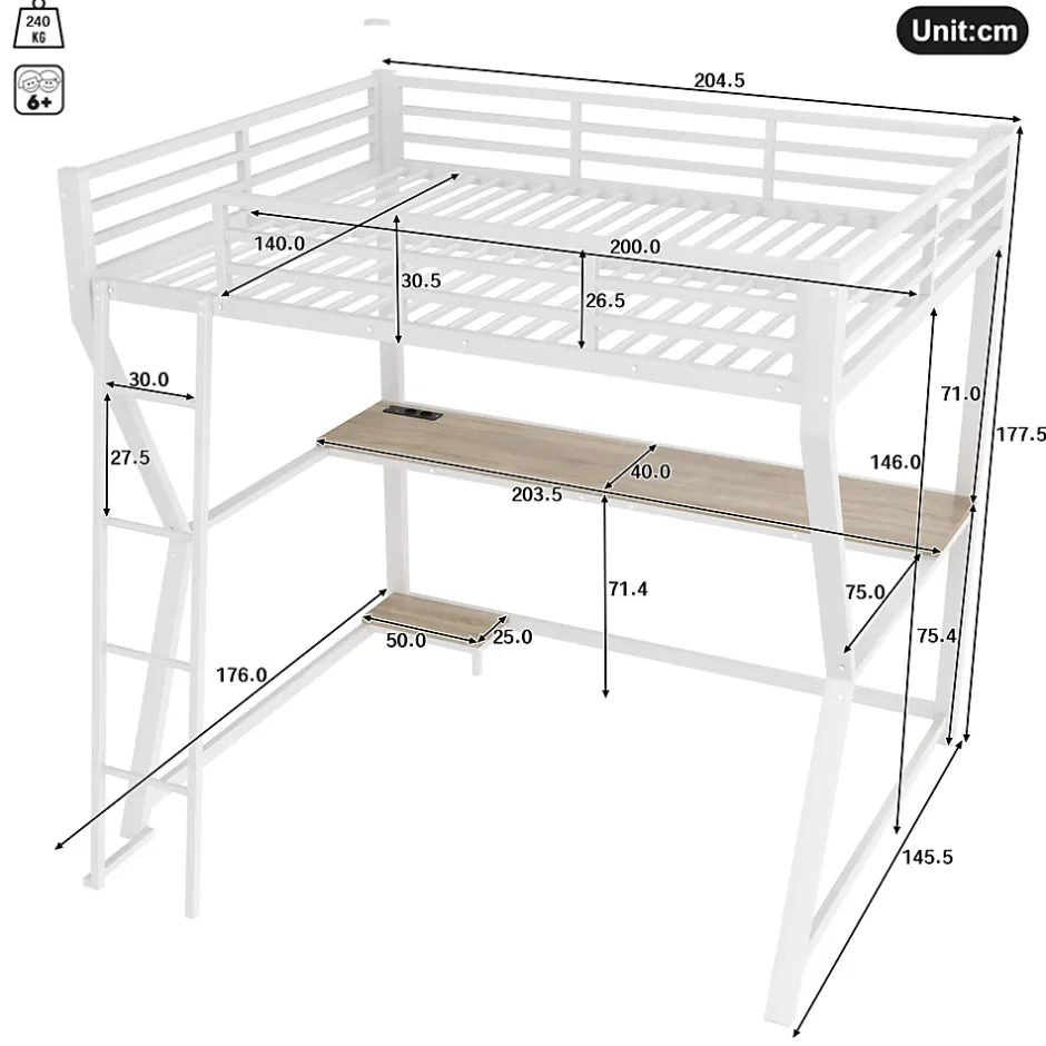 Redom Lit superposé 140x200 cm avec bureau intégré, étagère ordinateur et bande LED, structure métal et MDF, blanc Best