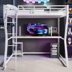 Redom Lit superposé 140x200 cm avec bureau intégré, étagère ordinateur et bande LED, structure métal et MDF, blanc Best