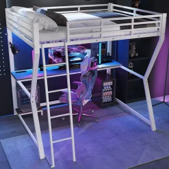 Redom Lit superposé 140x200 cm avec bureau intégré, étagère ordinateur et bande LED, structure métal et MDF, blanc Best