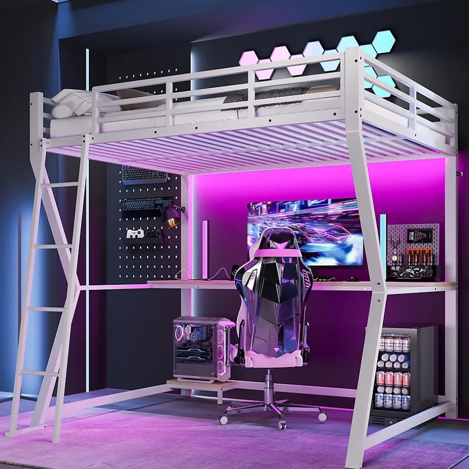 Redom Lit superposé 140x200 cm avec bureau intégré, étagère ordinateur et bande LED, structure métal et MDF, blanc Best