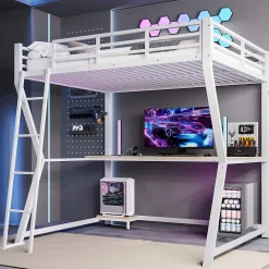 Redom Lit superposé 140x200 cm avec bureau intégré, étagère ordinateur et bande LED, structure métal et MDF, blanc Best