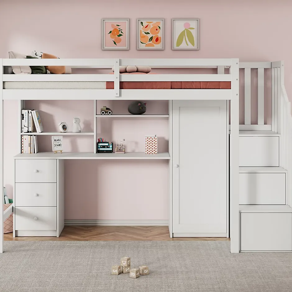 Redom Lit superposé 90x200 cm avec bureau intégré, armoire et tiroirs en bois massif blanc Clearance