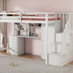 Redom Lit superposé 90x200 cm avec bureau intégré, armoire et tiroirs en bois massif blanc Clearance