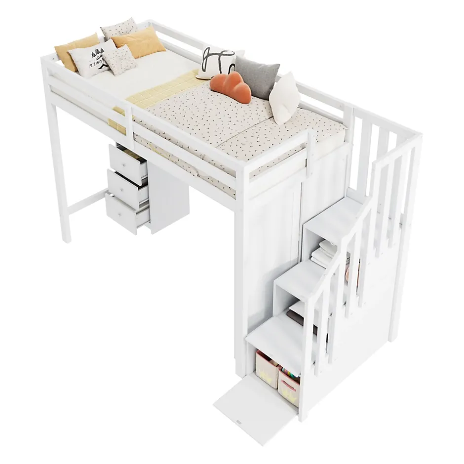 Redom Lit superposé 90x200 cm avec bureau intégré, armoire et tiroirs en bois massif blanc Clearance