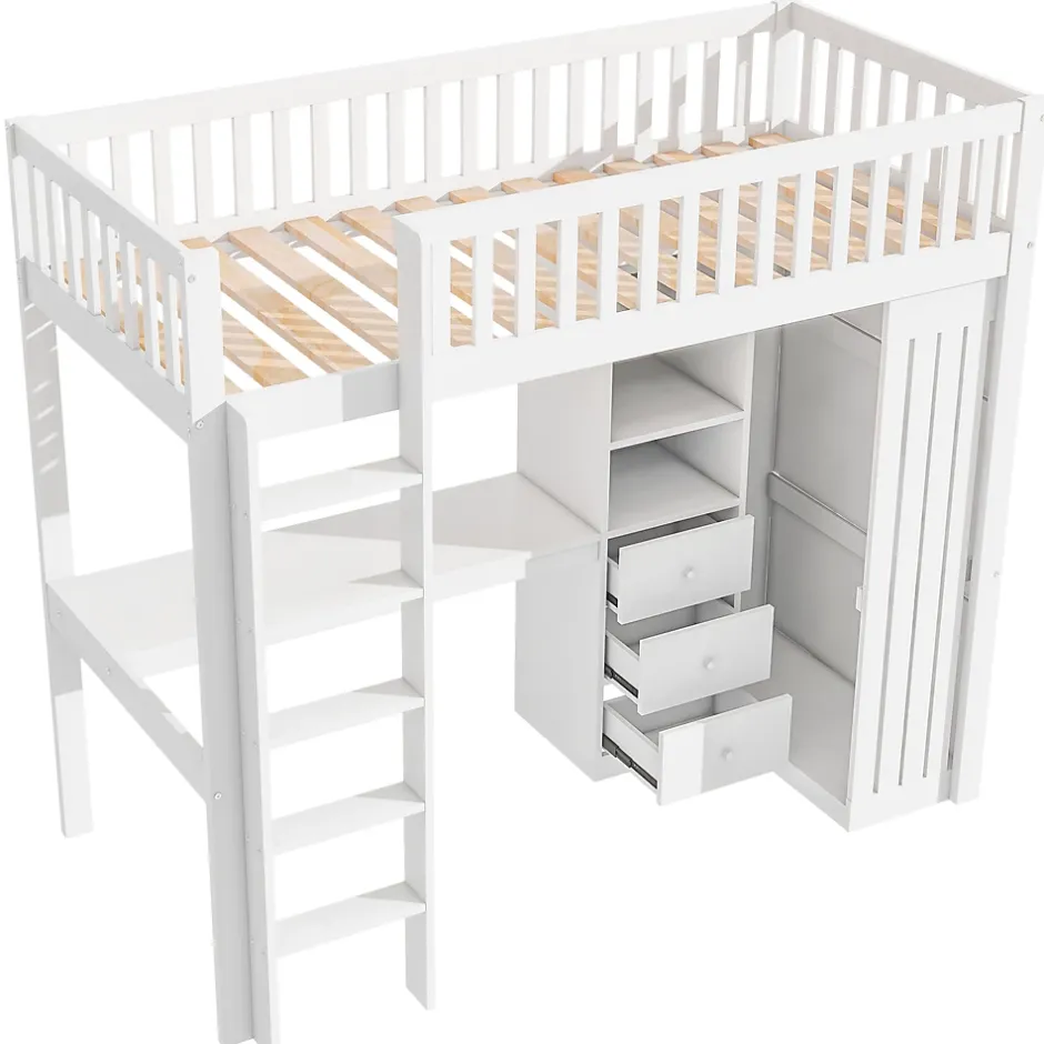 Redom Lit superposé 90x200 cm avec bureau intégré et armoire, structure en pin et MDF, finition blanche Sale