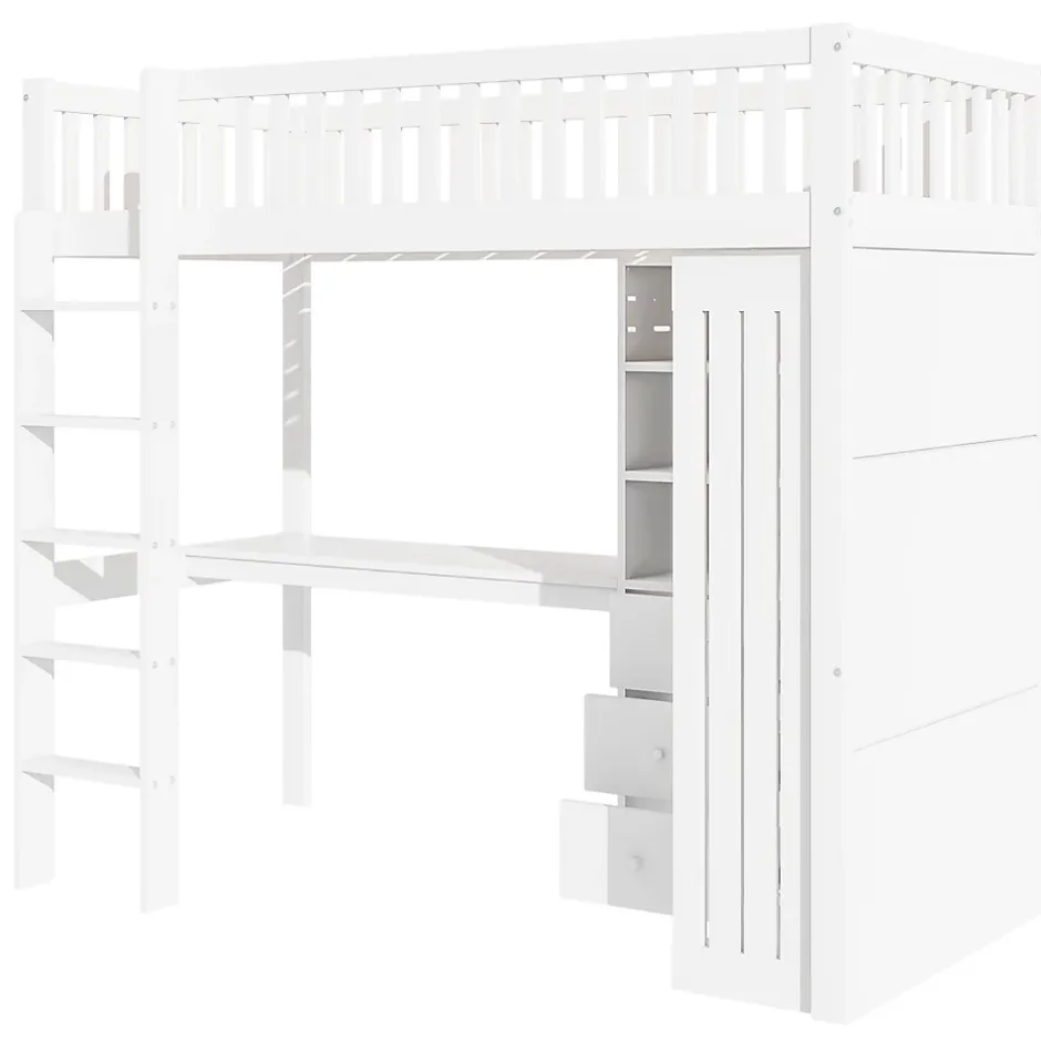 Redom Lit superposé 90x200 cm avec bureau intégré et armoire, structure en pin et MDF, finition blanche Sale