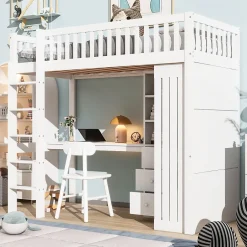 Redom Lit superposé 90x200 cm avec bureau intégré et armoire, structure en pin et MDF, finition blanche Sale