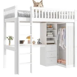 Redom Lit superposé 90x200 cm avec bureau intégré et armoire, structure en pin et MDF, finition blanche Sale