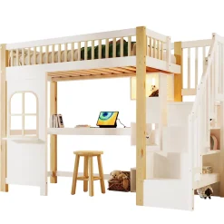 Redom Lit superposé 90x200 cm avec bureau intégré, éclairage LED et échelle à rangements, blanc et bois naturel Clearance