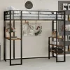 Enfant Redom Lit superposé 90x190 cm avec bureau intégré et échelle bilatérale, structure métal noire gain de place