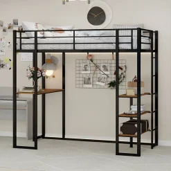 Enfant Redom Lit superposé 90x190 cm avec bureau intégré et échelle bilatérale, structure métal noire gain de place