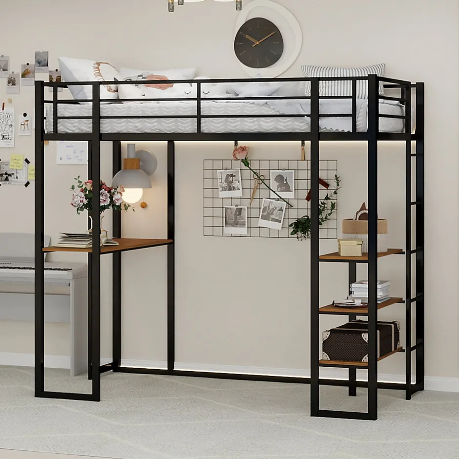 Enfant Redom Lit superposé 90x190 cm avec bureau intégré et échelle bilatérale, structure métal noire gain de place