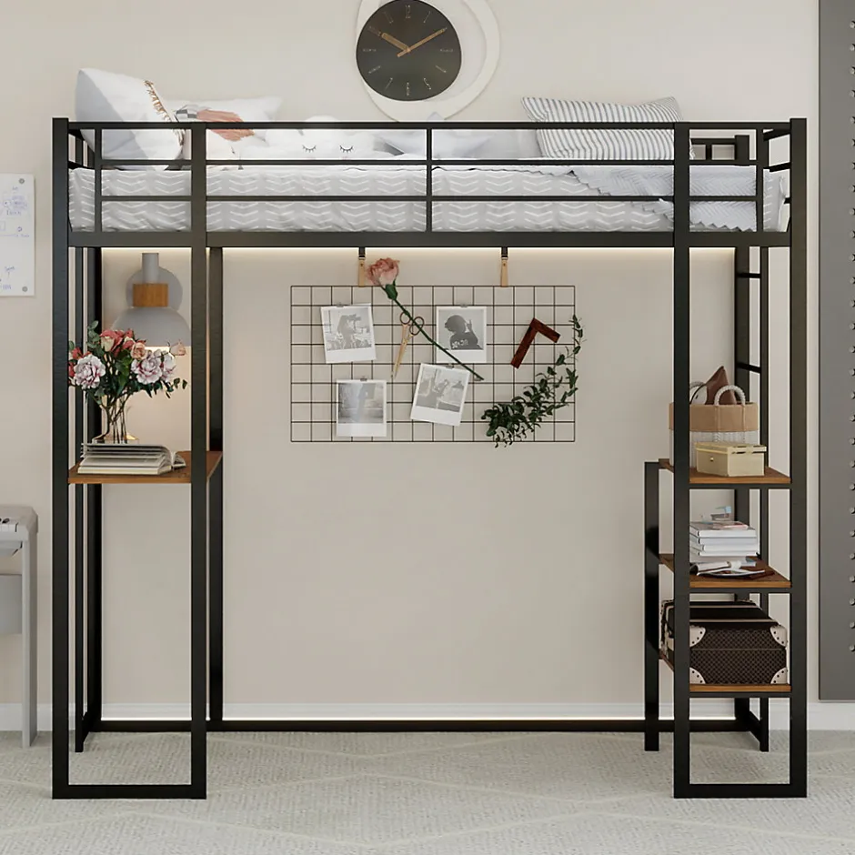 Enfant Redom Lit superposé 90x190 cm avec bureau intégré et échelle bilatérale, structure métal noire gain de place