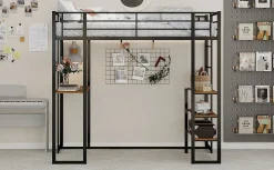 Enfant Redom Lit superposé 90x190 cm avec bureau intégré et échelle bilatérale, structure métal noire gain de place