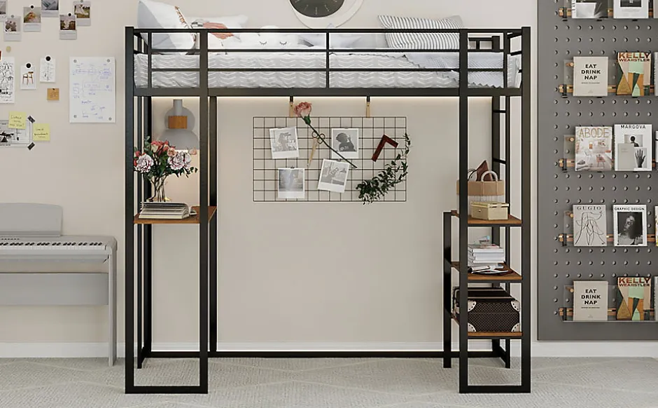 Enfant Redom Lit superposé 90x190 cm avec bureau intégré et échelle bilatérale, structure métal noire gain de place