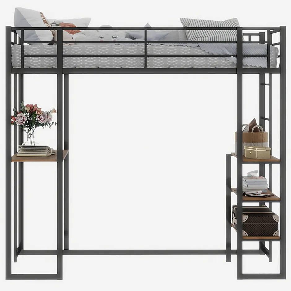 Enfant Redom Lit superposé 90x190 cm avec bureau intégré et échelle bilatérale, structure métal noire gain de place