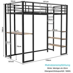 Enfant Redom Lit superposé 90x190 cm avec bureau intégré et échelle bilatérale, structure métal noire gain de place