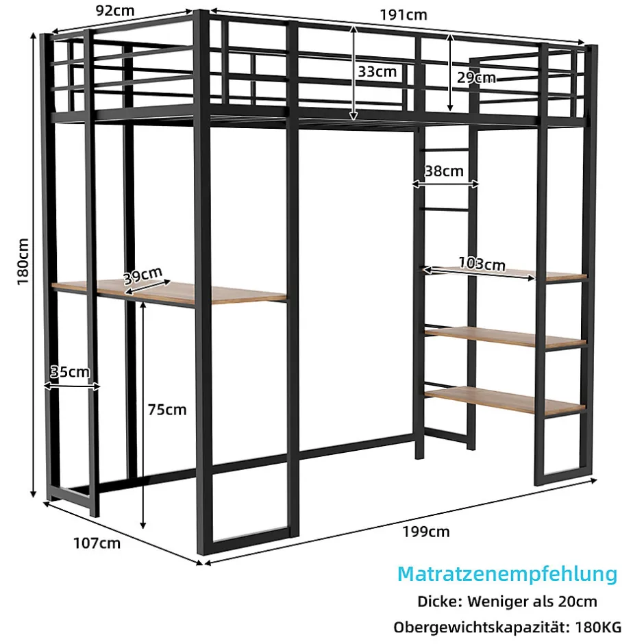 Enfant Redom Lit superposé 90x190 cm avec bureau intégré et échelle bilatérale, structure métal noire gain de place