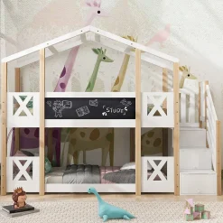 Enfant Redom Lit superposé 90x200 cm avec échelle-rangement et tableau 110x26 cm, structure pin massif et panneaux en blanc/naturel