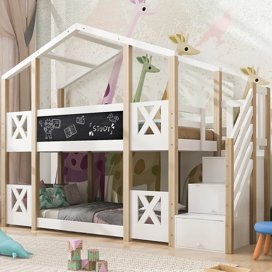 Enfant Redom Lit superposé 90x200 cm avec échelle-rangement et tableau 110x26 cm, structure pin massif et panneaux en blanc/naturel