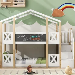 Enfant Redom Lit superposé 90x200 cm avec échelle-rangement et tableau 110x26 cm, structure pin massif et panneaux en blanc/naturel