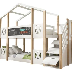 Enfant Redom Lit superposé 90x200 cm avec échelle-rangement et tableau 110x26 cm, structure pin massif et panneaux en blanc/naturel