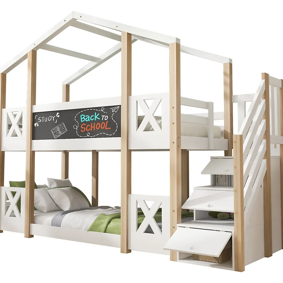 Enfant Redom Lit superposé 90x200 cm avec échelle-rangement et tableau 110x26 cm, structure pin massif et panneaux en blanc/naturel