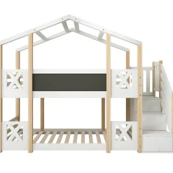 Enfant Redom Lit superposé 90x200 cm avec échelle-rangement et tableau 110x26 cm, structure pin massif et panneaux en blanc/naturel