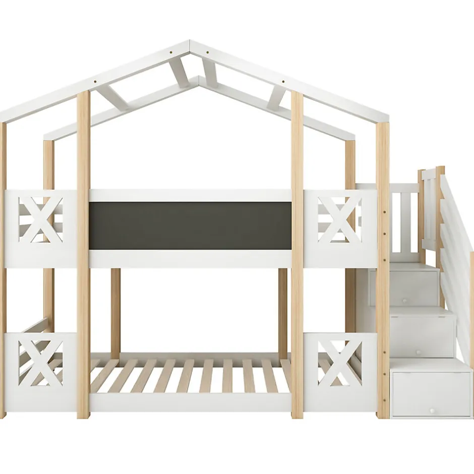 Enfant Redom Lit superposé 90x200 cm avec échelle-rangement et tableau 110x26 cm, structure pin massif et panneaux en blanc/naturel