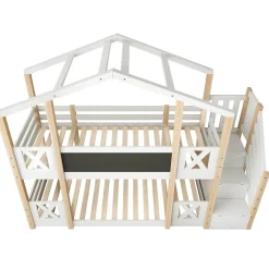 Enfant Redom Lit superposé 90x200 cm avec échelle-rangement et tableau 110x26 cm, structure pin massif et panneaux en blanc/naturel