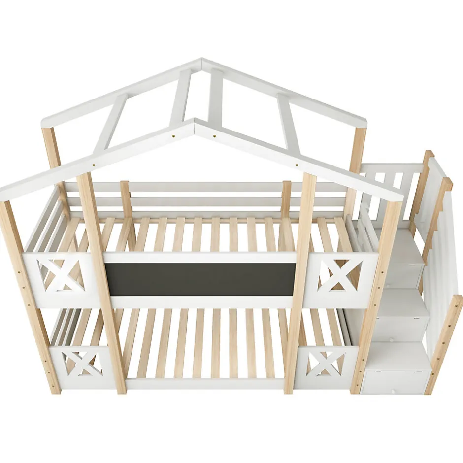 Enfant Redom Lit superposé 90x200 cm avec échelle-rangement et tableau 110x26 cm, structure pin massif et panneaux en blanc/naturel