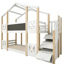 Enfant Redom Lit superposé 90x200 cm avec échelle-rangement et tableau 110x26 cm, structure pin massif et panneaux en blanc/naturel