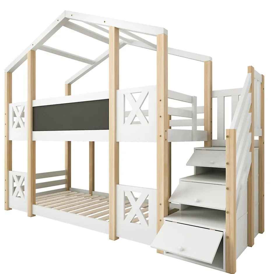 Enfant Redom Lit superposé 90x200 cm avec échelle-rangement et tableau 110x26 cm, structure pin massif et panneaux en blanc/naturel