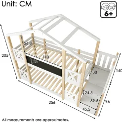 Enfant Redom Lit superposé 90x200 cm avec échelle-rangement et tableau 110x26 cm, structure pin massif et panneaux en blanc/naturel